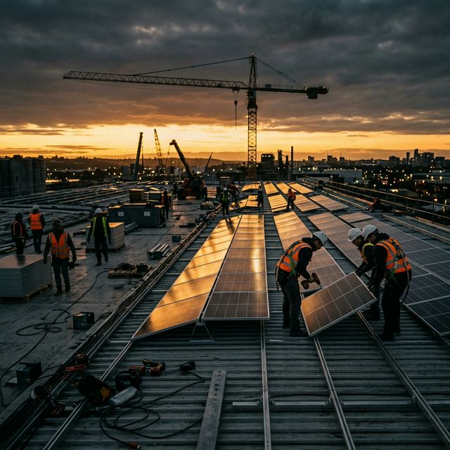 Solar panel installation crew at golden hour