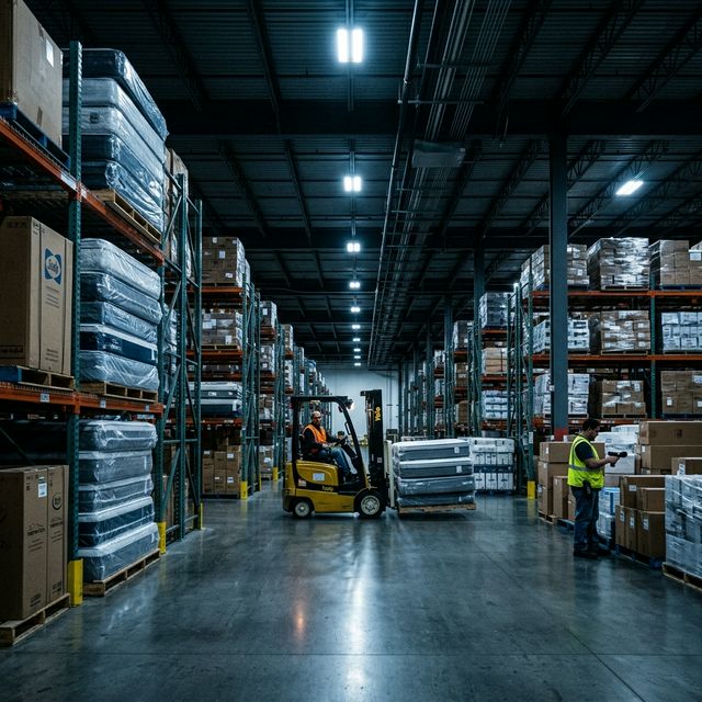 Modern warehouse with mattress inventory and distribution operations