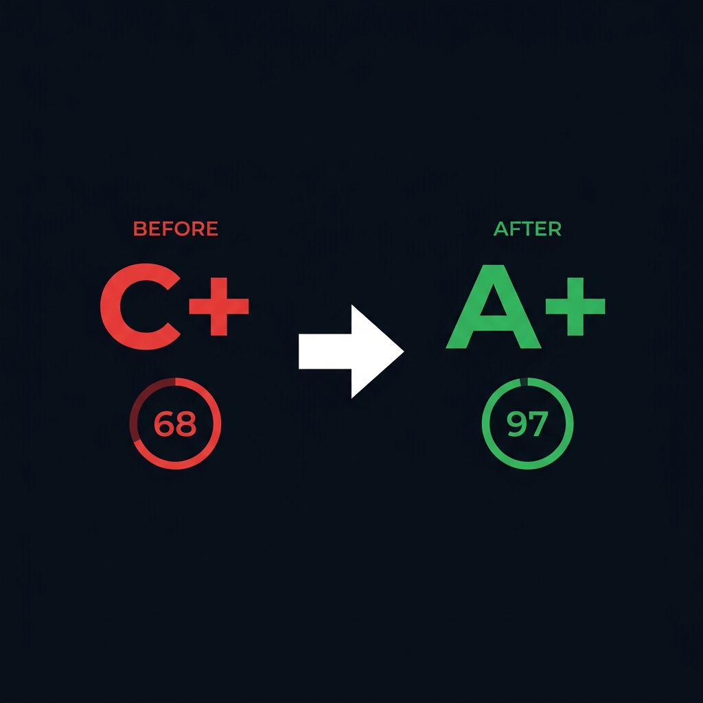 Website audit dashboard showing performance, SEO, security, and accessibility scores